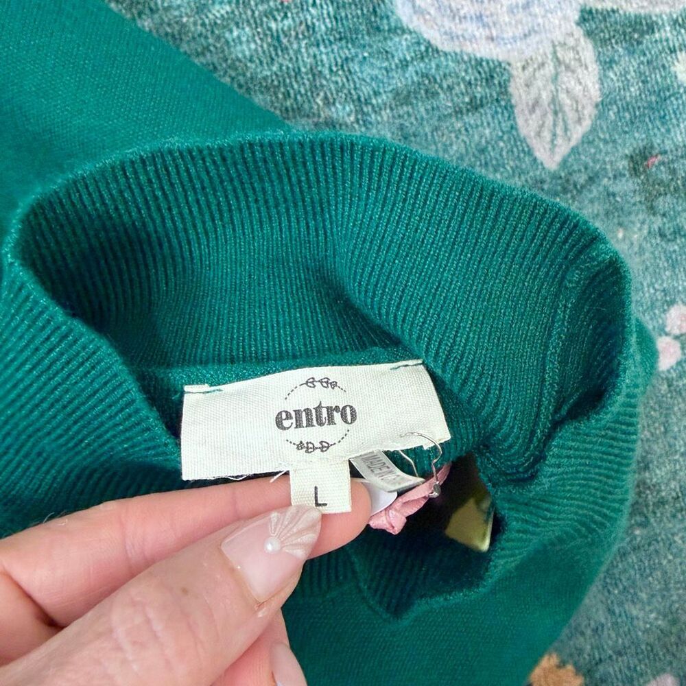 NWT Entro Sweater Womens Large Hunter Green Mock Neck Eyelet Hem Knit Oversized - Picture 3 of 15